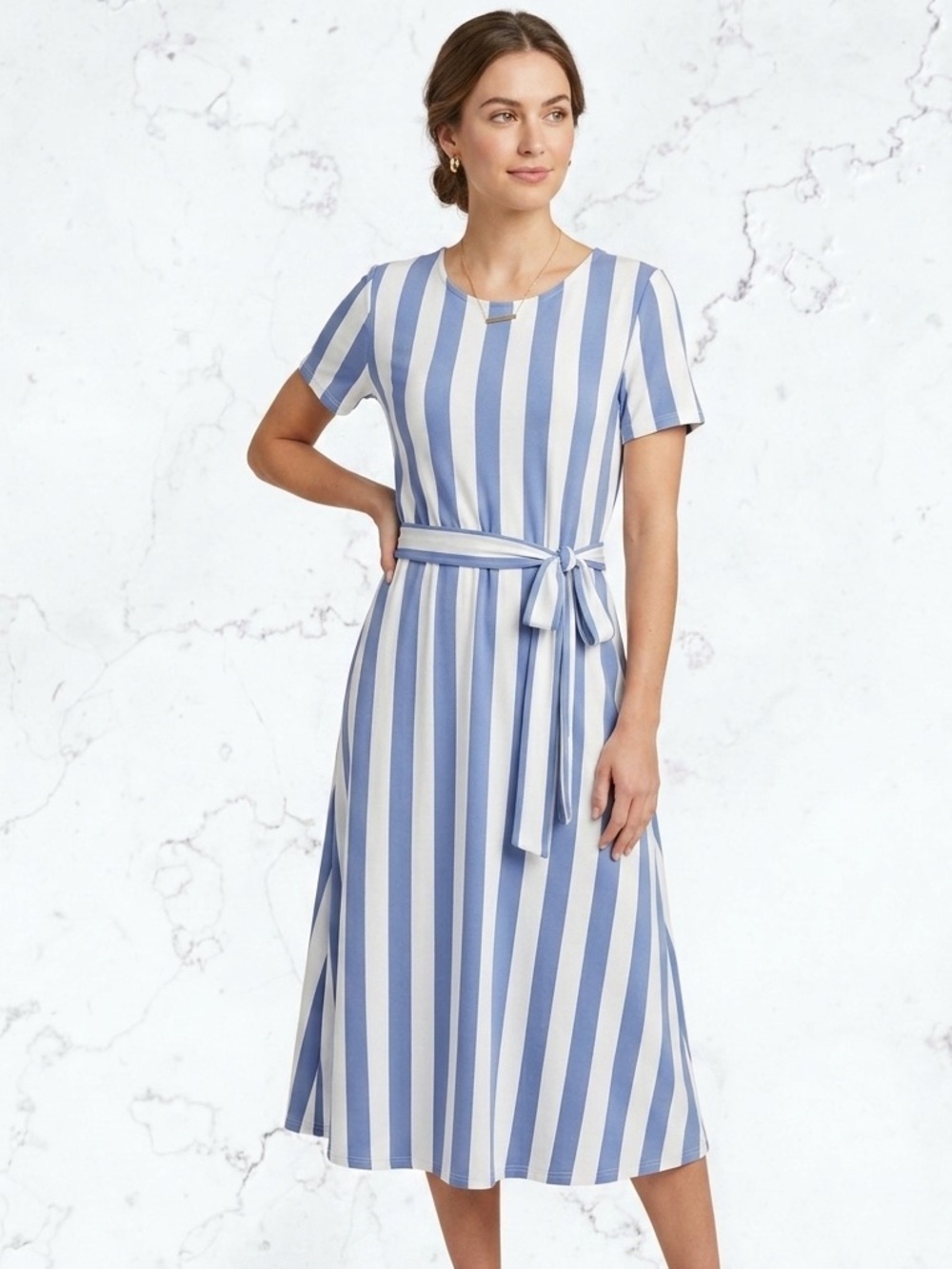 LEVACA Striped Short Sleeve Midi Dress Coastal Grandmother Nautical Tie Waist M